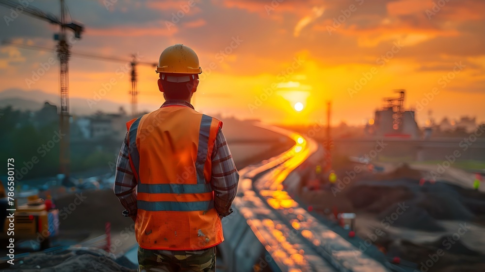 Engineer Overseeing Highway Project at Sunset. Concept Civil Engineering, Highway Construction, Infrastructure Development, Project Management, Sunset Photography - obrazy, fototapety, plakaty 
