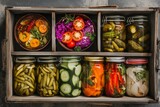 Preserves vegetables in glass jars in an old box top view, preserves vegetables, vegetable preservation, food preservation in the jar, food preservation