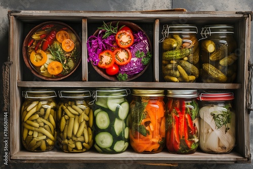 Preserves vegetables in glass jars in an old box top view, preserves vegetables, vegetable preservation, food preservation in the jar, food preservation