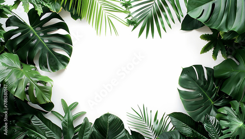 Tropical plants frame an isolated area on a white background with empty space in the center for text or design. Jungle leaves form a border in the style of nature. generative AI