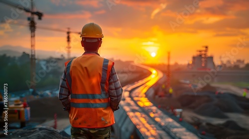 Engineer Overseeing Highway Project at Sunset. Concept Civil Engineering, Highway Construction, Infrastructure Development, Project Management, Sunset Photography