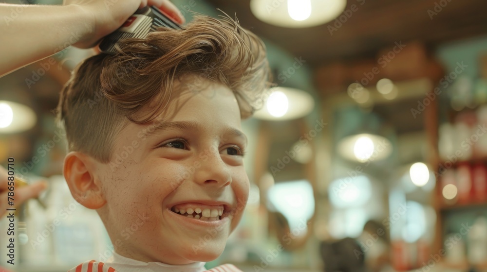 Φωτογραφία Young boy receiving haircut at barber shop, suitable for barber shop promotions