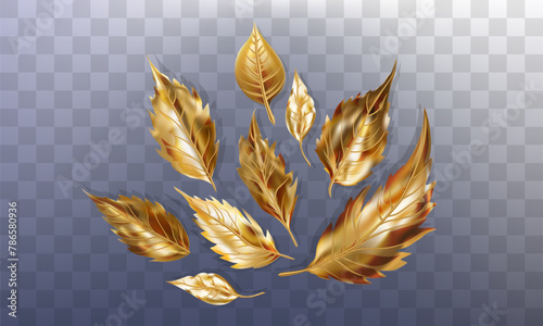 A set of golden leaves of different sizes and shapes. 3D realistic render of gold items on a transparent background. Reflection and glare on each element. Vector illustration.