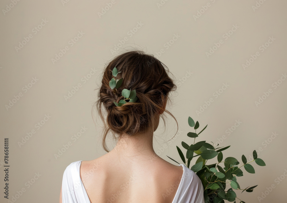 Naklejka premium Woman, back and plants with bride on background, occasion hairstyle and classy or elegant fashion. Natural, minimalistic bouquet, eco friendly clothing for clean aesthetic with bridal couture