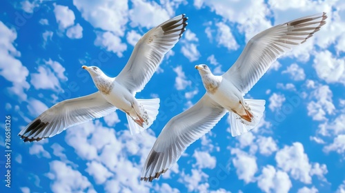 Two seagulls flying in a clear blue sky. Suitable for nature and wildlife concepts