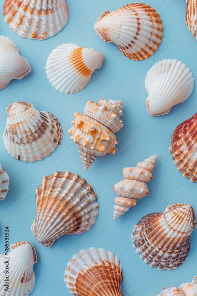 A collection of shells on a vibrant blue background. Perfect for beach-themed designs A collection of shells on a vibrant blue background. Perfect for beach-themed designs