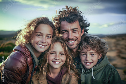 Happy couple with daughter and son hugging together in daylight