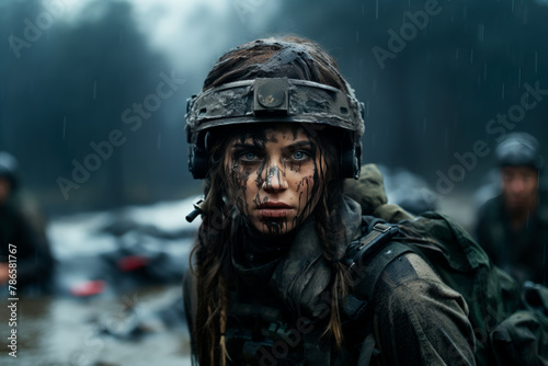 Woman soldier with backpack standing with blurred colleagues in water terrain