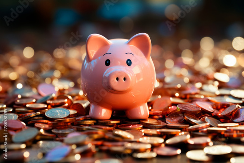 Pink piggy bank on pile of reflecting coins in light against dark background