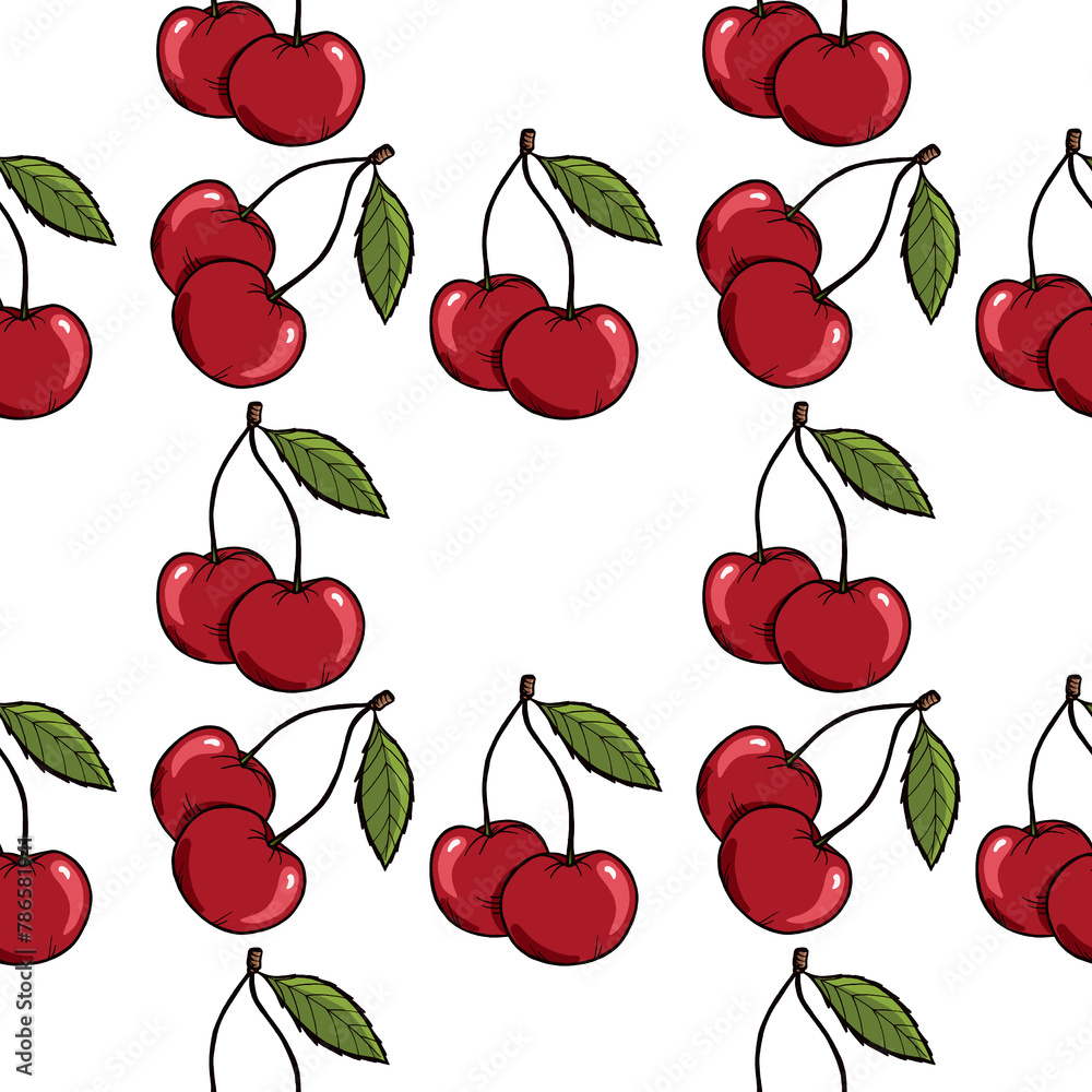 Seamless pattern repeats bright ripe red cherries on transparent background illustration Seamless pattern repeats bright ripe red cherries on transparent background illustration
