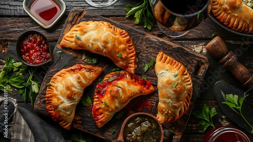 A closeup of argentinian empanadas with sauces and wine on a dark rustic wooden background photo
