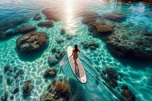 Tropical Paddleboarding: Aerial View of Woman Enjoying Coastal Waters