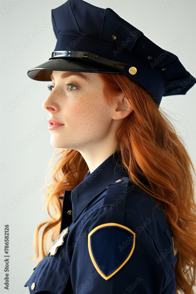 Pretty young red haired policewoman officer in blue uniform and cap. Police, cop. Isolated white background. Friendly expression. Stunning beauty. Empty badge for adding text. Profile side view. Pretty young red haired policewoman officer in blue uniform and cap. Police, cop. Isolated white background. Friendly expression. Stunning beauty. Empty badge for adding text. Profile side view.