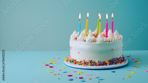 birthday cake with candles on pastel blue background with copy space