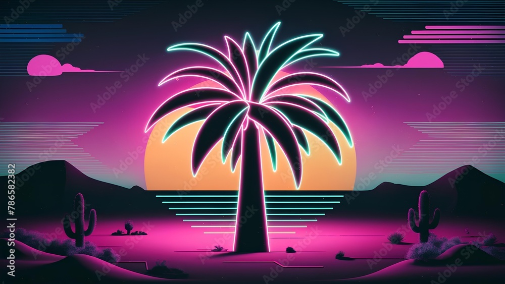 Vibrant Neon Palm Tree Against a Retro Sunset Backdrop with Silhouetted Cacti and Mountains in a Surreal Desert Landscape