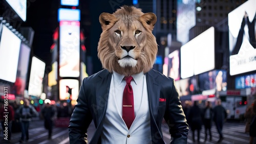 Surreal Image of a Man with a Lion’s Head Dressed in a Business Suit Standing Confidently in the Bustling Times Square at Night Amidst Bright Billboards photo