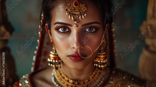 Indian woman wearing traditional jewelry in a silk robe © Suleyman