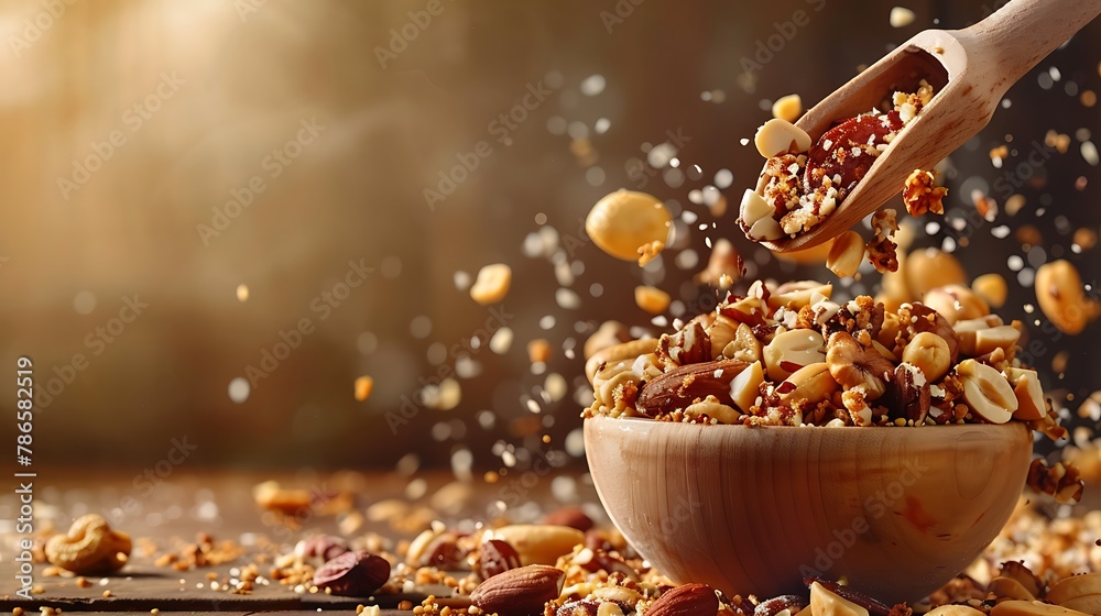 A scoop full of healthy nuts mixture pouring on brown background A scoop full of healthy nuts mixture pouring on brown background