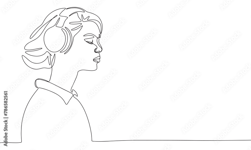 Young woman with headphone one line continuous. Line art woman hear headphone. Hand drawn vector art. Young woman with headphone one line continuous. Line art woman hear headphone. Hand drawn vector art.
