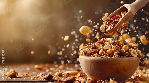 A scoop full of healthy nuts mixture pouring on brown background photo