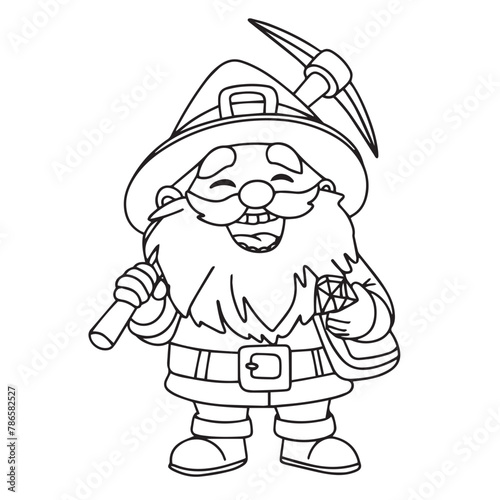 Cute little man in doodle style. Dwarf with pickaxe outline. Hand drawn vector art.