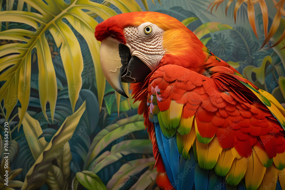 Fototapeta premium An exciting portrait of a colorful macaw in a lush tropical setting, showcasing its vibrant plumage.