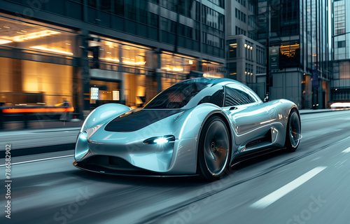 Behold the future: an electric family car, sleek and sporty. In the bustling cityscape, it embodies motion and modernity