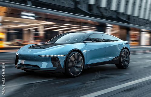 Explore the future with this sleek electric family car, blending modernity and style seamlessly. From its striking blue aluminum body to its sporty silhouette, it's a vision of innovation cruising thr © Pavel Lysenko