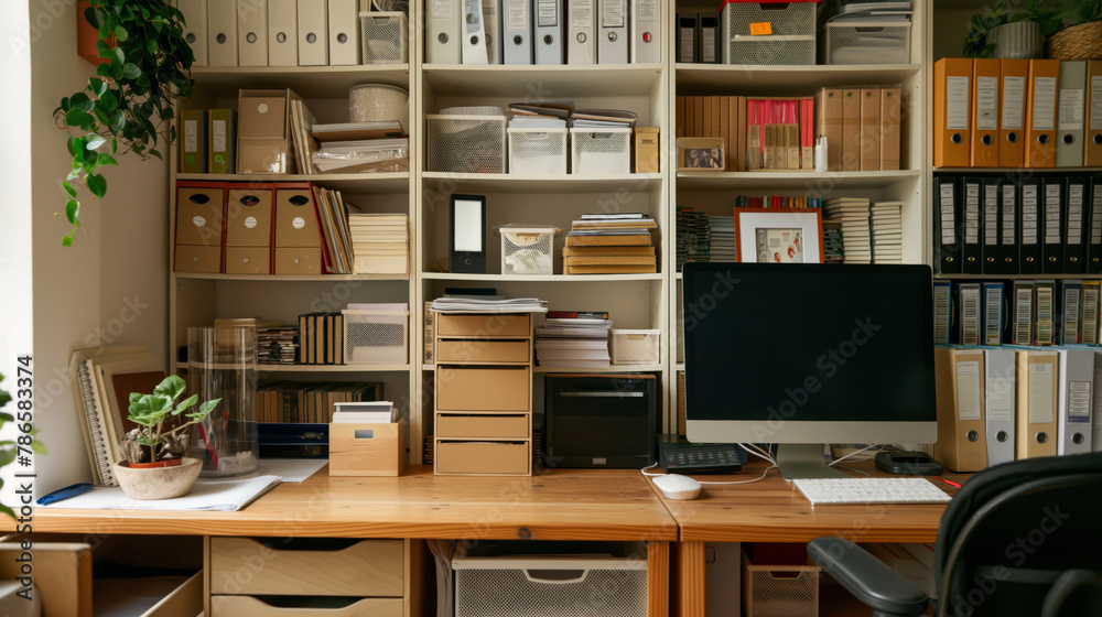 Neat home office setup with a computer, plant, and well-organized shelving filled with supplies Neat home office setup with a computer, plant, and well-organized shelving filled with supplies