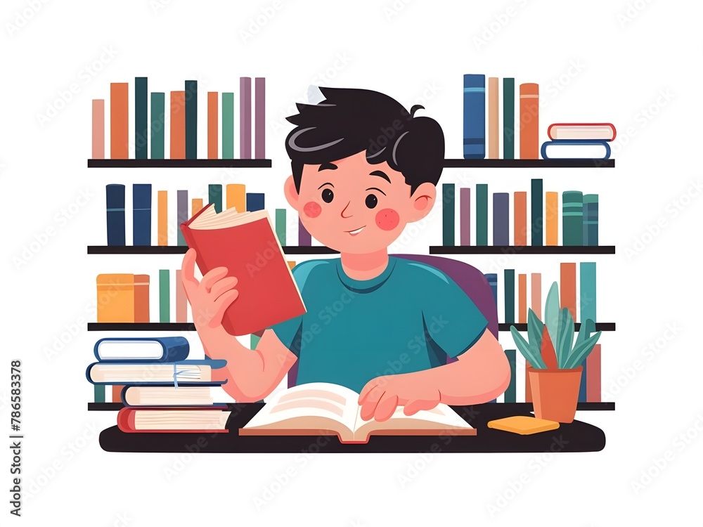 illustration of a student in library