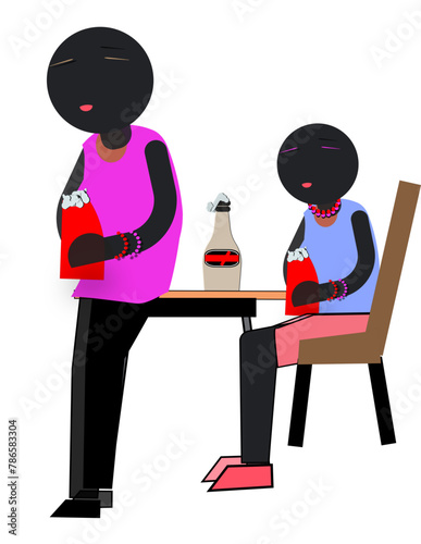 Two people are sitting at a table with a bottle of Coca Cola in front of them
