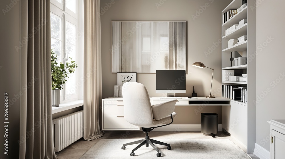 Fototapeta premium Serene, minimalist home office setup with neutral tones and stylish decor