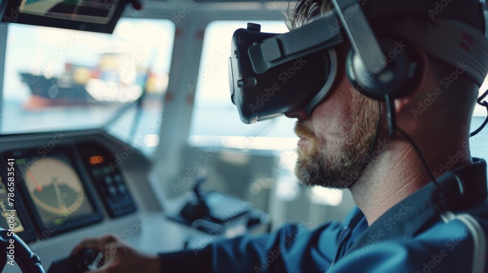 Naklejka premium Man Using Virtual Reality Headset in Ships Cockpit