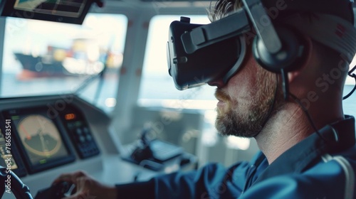 Man Using Virtual Reality Headset in Ships Cockpit