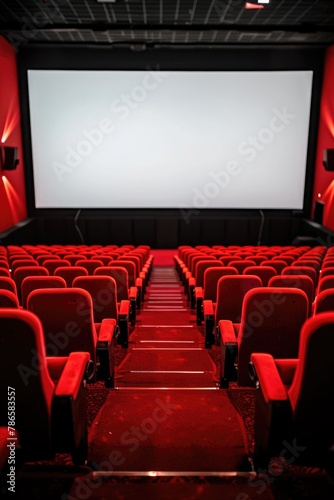 An empty theater with red seats and a projector screen. Suitable for various entertainment and presentation concepts