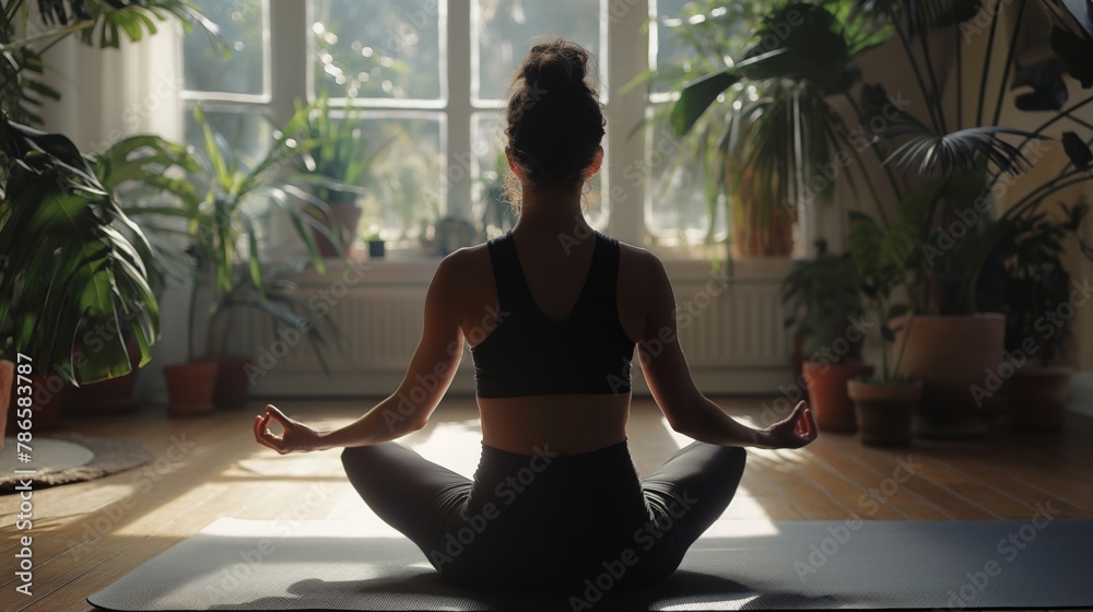 Woman meditating in a peaceful home environment with natural light