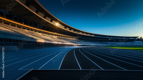 A panoramic view of an empty stadium with a running track  the seats cast in shadow while the track glows under a clear sky. This serene moment captures the calm before the storm o