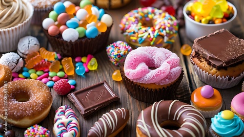 Assortment of products with high sugar level like candies gummy candies soda donuts chocolate lollipop wafers and cupcakes on rustic wooden table photo