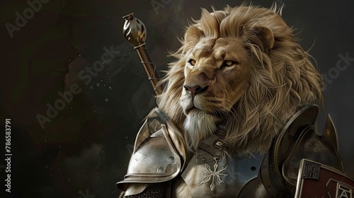 Lion in knight costume, cavalier, medieval theme, mane. Mascot, wild animal, surrealism, close-up, big cat, costume photo shoot for pet. Presenting pride and greatness concept. Generative by AI