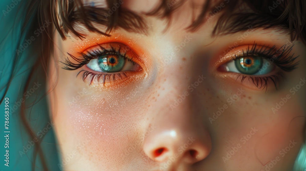 Close-up of a woman's face with striking orange eyes, perfect for adding a pop of color to your designs