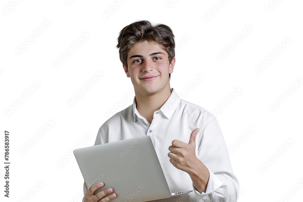 Studio portrait company worker smart young Caucasian man with chill style and serious face wearing casual outfits and holding laptop, isolated on transparent png background. Studio portrait company worker smart young Caucasian man with chill style and serious face wearing casual outfits and holding laptop, isolated on transparent png background.