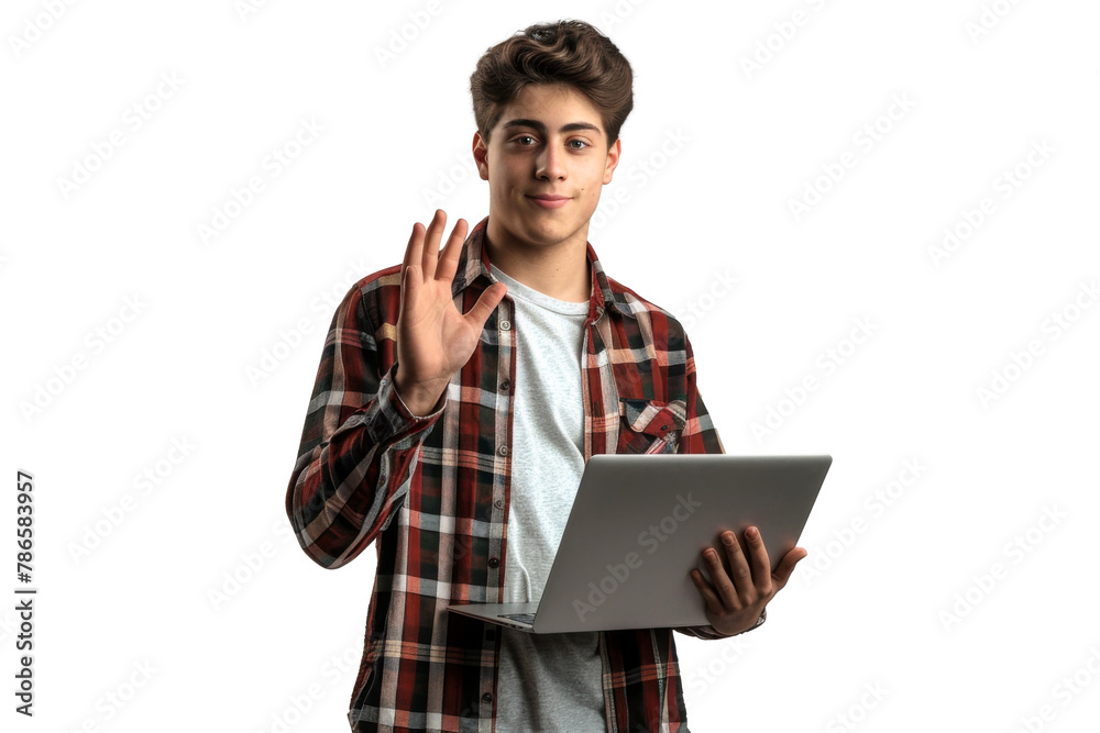 Studio portrait company worker smart young Caucasian man with chill style and serious face wearing casual outfits and holding laptop, isolated on transparent png background.