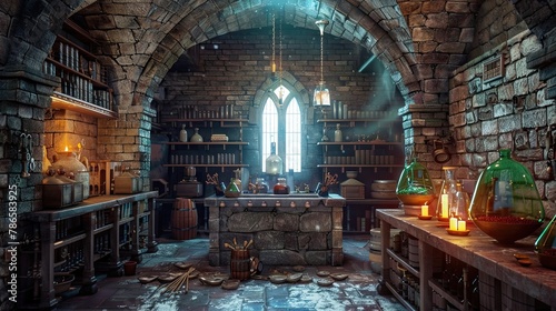 Medieval laboratory, apartment for alchemy, experiments. Deep underground room, bottles, disorder, alchemy equipment, dampness. Researchers room hidden from prying eyes concept. Generative by AI