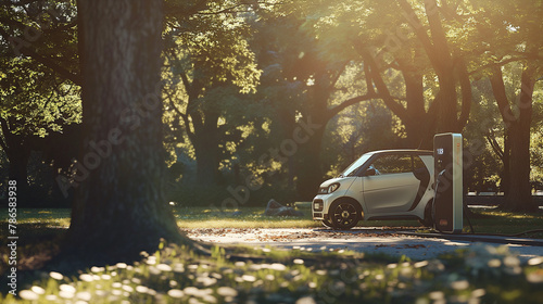 A modern mini electric vehicle charging at a solar-powered charging station in a public park. The sunlight filters through the trees, casting dappled shadows on the vehicle and sta photo