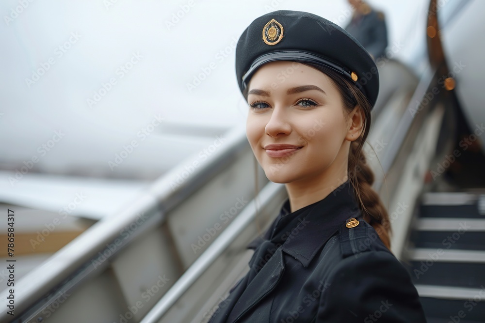 Young air hostess standing near airplane Young air hostess standing near airplane