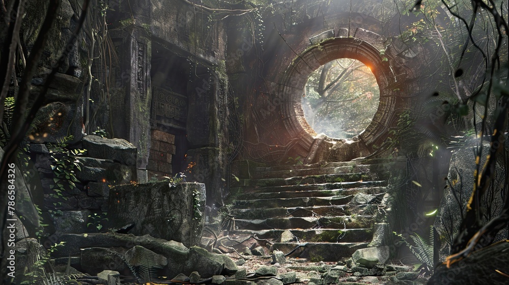 A hidden chamber containing a powerful artifact protected by ancient forces, portal. Ruins, buildings of ancient civilizations, mysticism, paranormalism, otherworldly forces, magic. Generative by AI