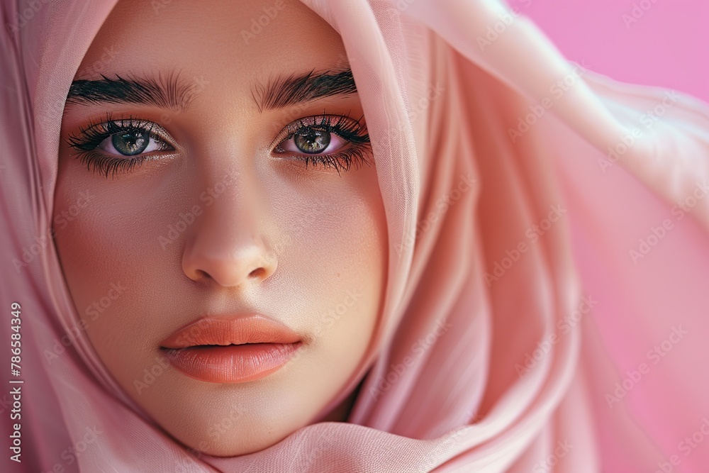 Portrait of young arabian girl in hijab on pink background. Muslim woman