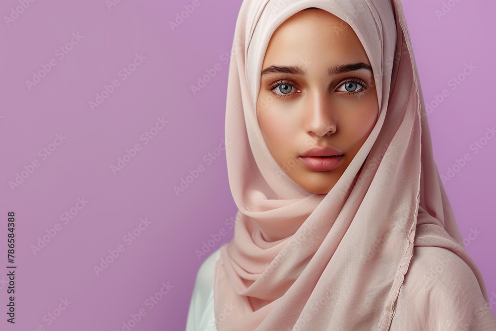 Portrait of young arabian girl in hijab on pink background. Muslim woman Portrait of young arabian girl in hijab on pink background. Muslim woman
