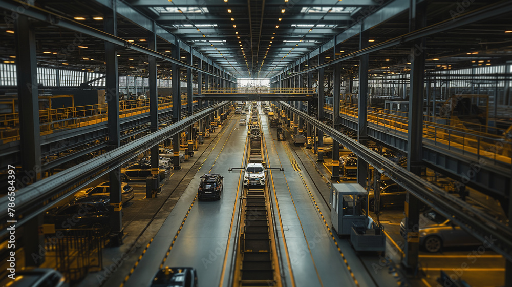 A view from above, showing a sprawling car factory floor with lines of vehicles in assembly, illuminated by soft, diffused daylight that spills in through roof panels, casting gent