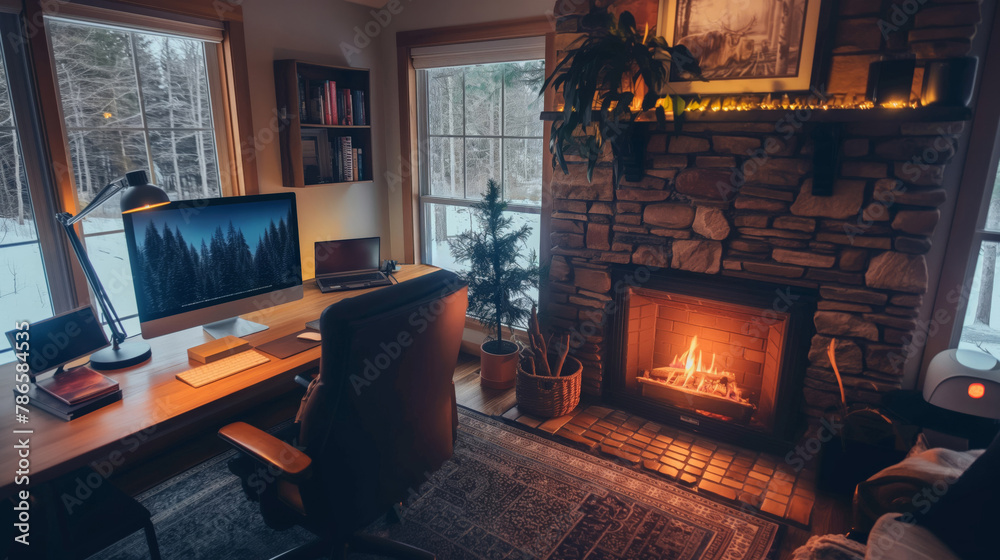 Obraz premium Warm and inviting home office featuring a roaring fireplace and winter forest view